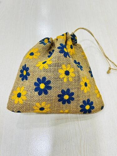 Hand Embroidered Jute Pouches with Drawstring and Flower Printed Elegant Shopping Bags