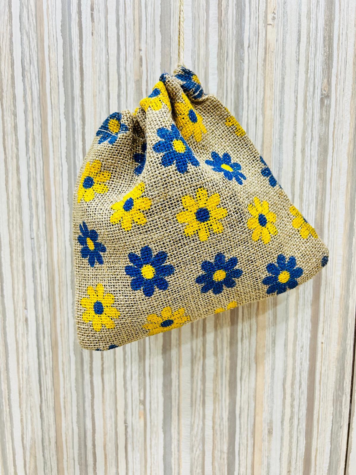 Hand Embroidered Jute Pouches with Drawstring and Flower Printed Elegant Shopping Bags