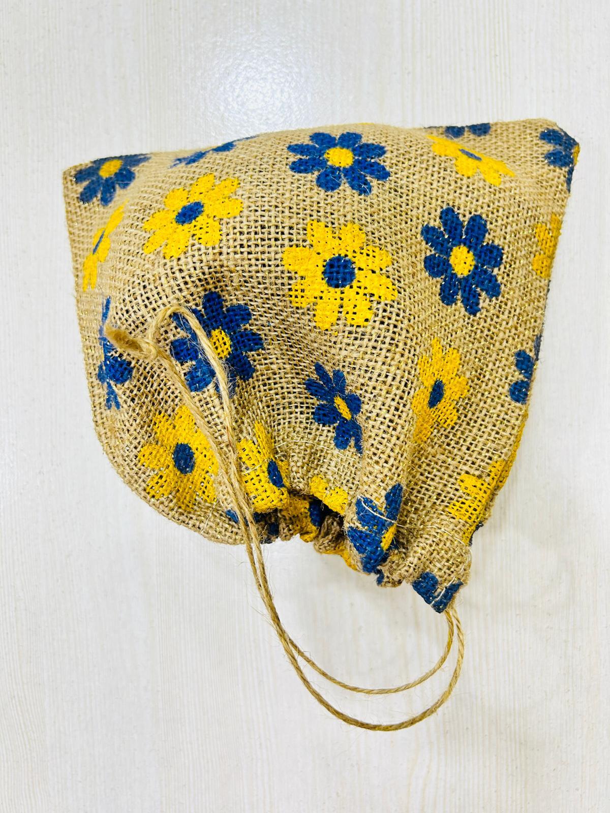 Hand Embroidered Jute Pouches with Drawstring and Flower Printed Elegant Shopping Bags