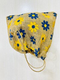 Hand Embroidered Jute Pouches with Drawstring and Flower Printed Elegant Shopping Bags