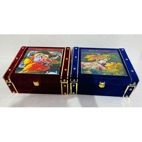 Luxurious Velvet-Covered Wedding Invitation Boxes Featuring Radha Krishna Imagery