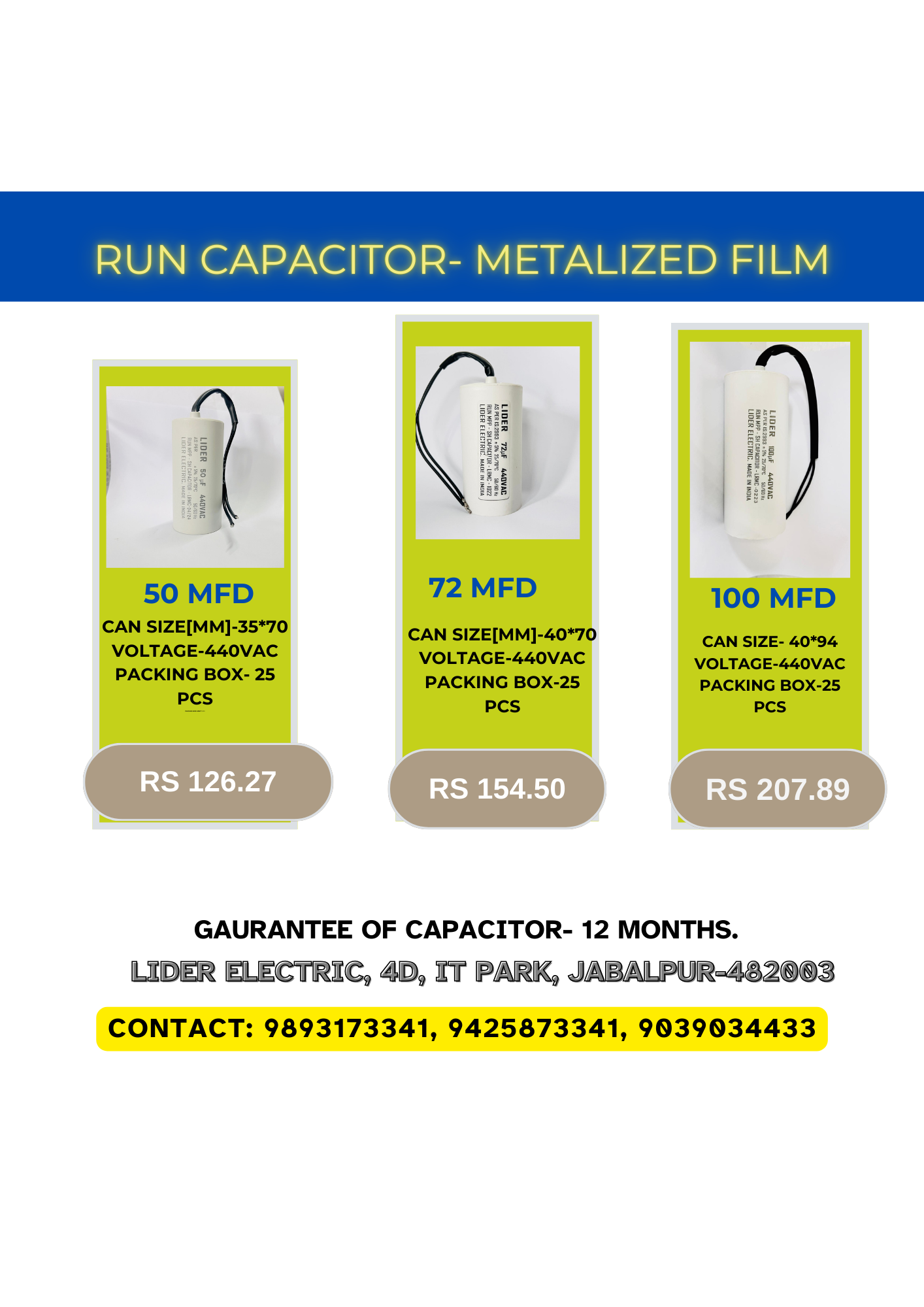 Lider 50 MFD Run capacitor- Metalized film