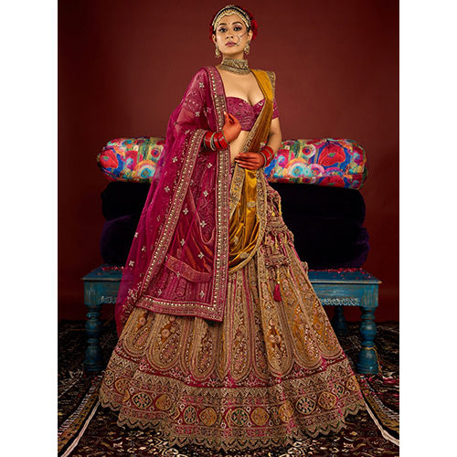 Rani And Musterd Color Velvet Fabric Bridal Lengha - Ethnic Region: Indian