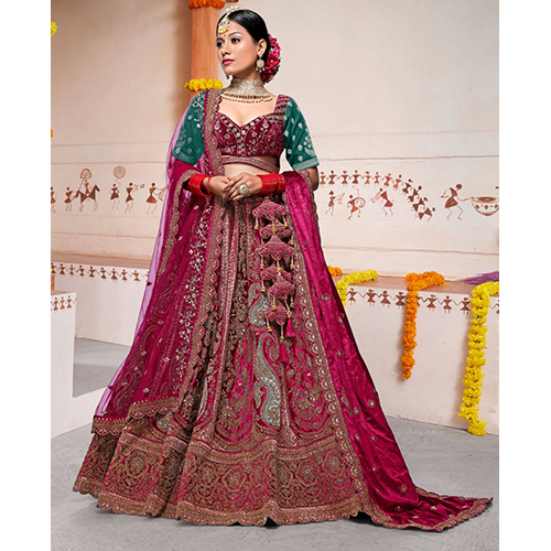 Rani Pink Velvet Fabric Bridal Lengha