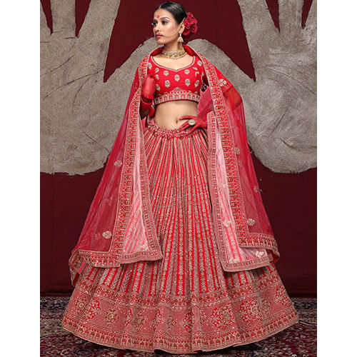 Red And Pink Silk Fabric Bridal Lengha - Ethnic Region: Indian