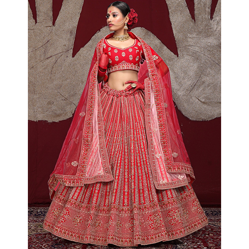 Red And Pink Silk Fabric Bridal Lengha