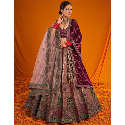 Pink Velvet Fabric Bridal Lengha