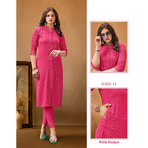 Rani Pink Color Ladies Chikankari Work Kurti