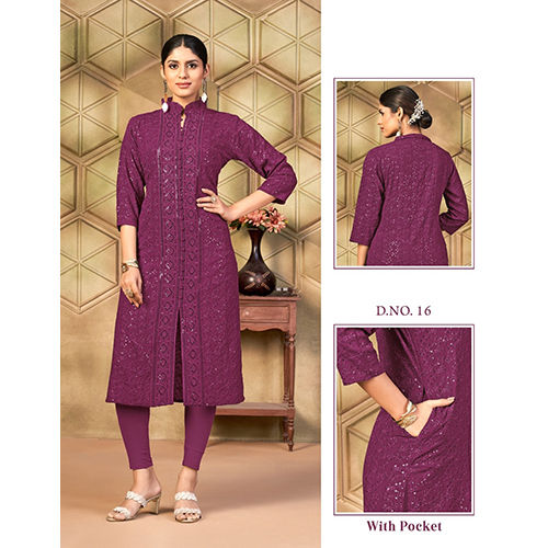 Maroon Color Ladies Chikankari Work Kurti - Feature: Washable