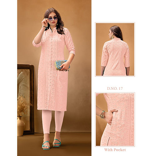 Peach Color Ladies Chikankari Work Kurti - Feature: Washable