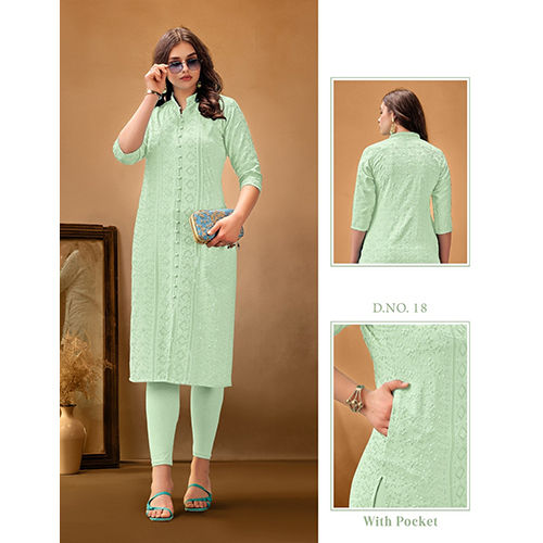 Pista Color Ladies Chikankari Work Kurti