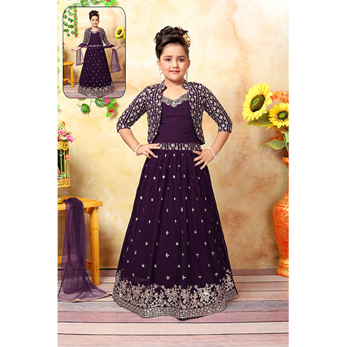 Purple Color Kids Ready Made Lengha