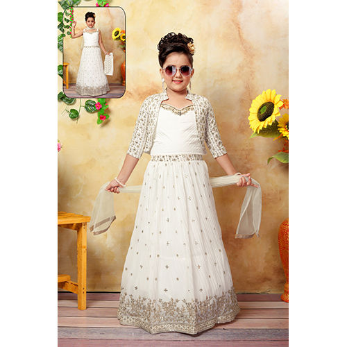 White Color Kids Ready Made Lehenga