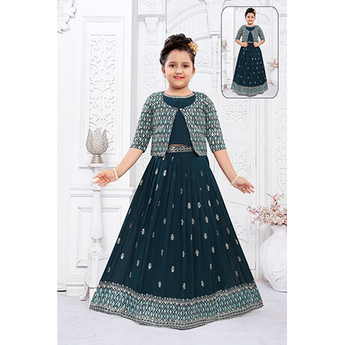 Green Color Kids Ready Made Lengha