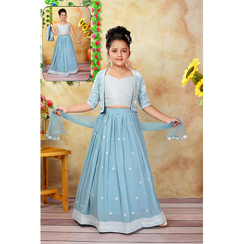 Light Blue Color Kids Ready Made Lengha