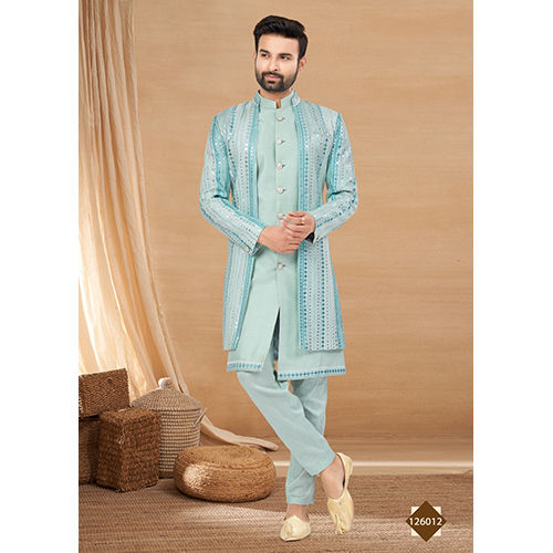 Mens Sky Blue Indo Western Sherwani