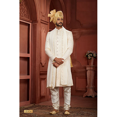 Mens  Cream Wedding Wear Sherwani