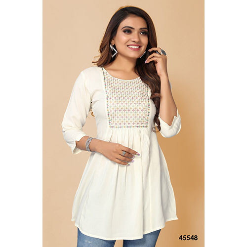 Ladies Neck Embroidered Short Kurti - Feature: Washable