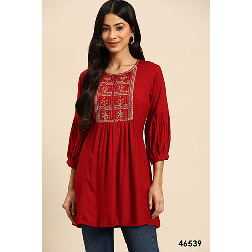 Ladies Maroon Short Kurti - Color: Red