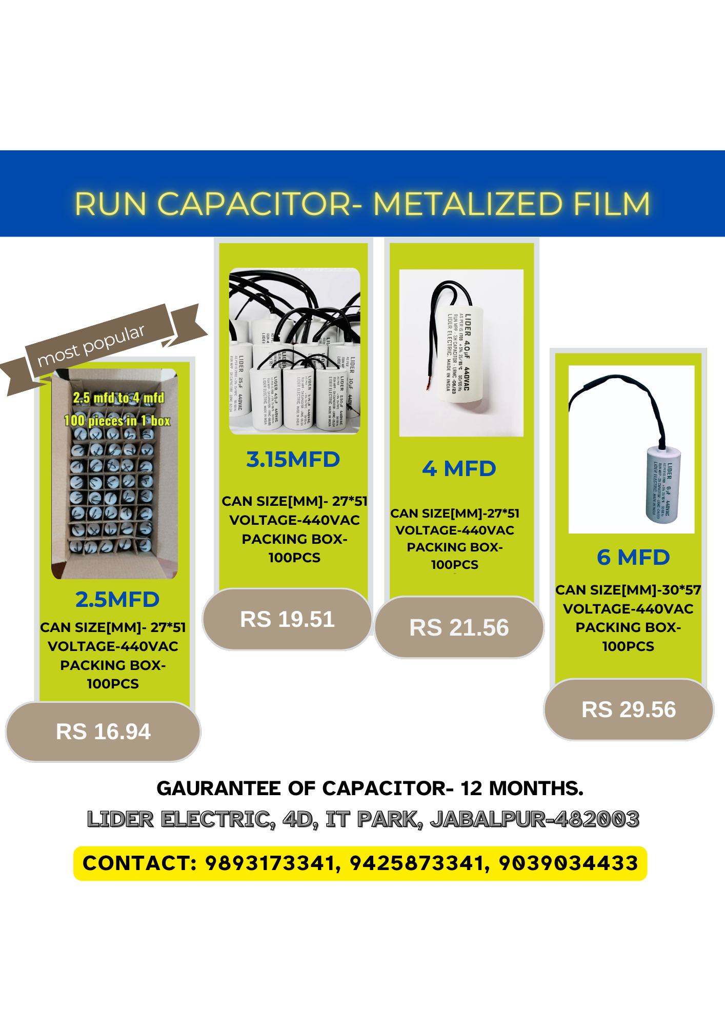 Lider 2.5 MFD Run Capacitor-Metalized Film