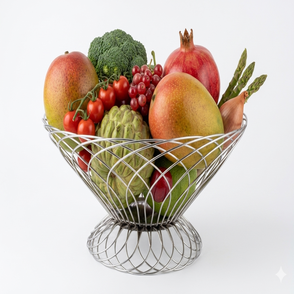 Stainless Steel Natural Fruit Basket - High Food Grade Stainless Steel, Silver Color | Multipurpose Eye-catching Centerpiece, Removable Basket For Easy Washing