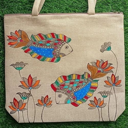 Madhubani Hand Painted jute Shopping Bags Beautifully Designed with Cotton Webbing and Zipper Lock