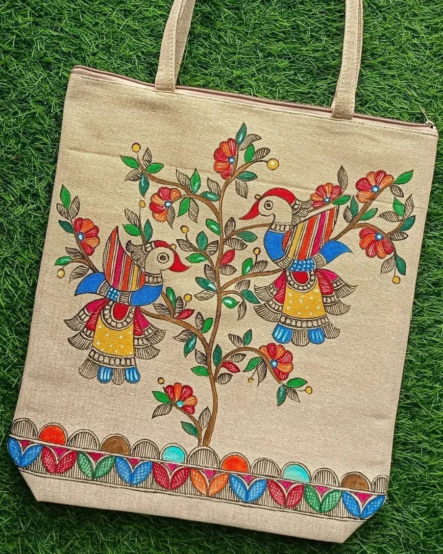 Madhubani Hand Painted jute Shopping Bags Beautifully Designed with Cotton Webbing and Zipper Lock