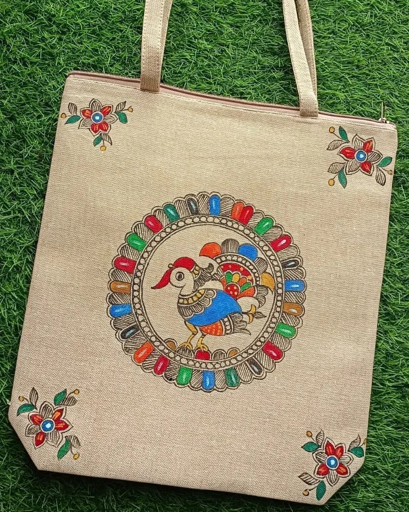Madhubani Hand Painted jute Shopping Bags Beautifully Designed with Cotton Webbing and Zipper Lock