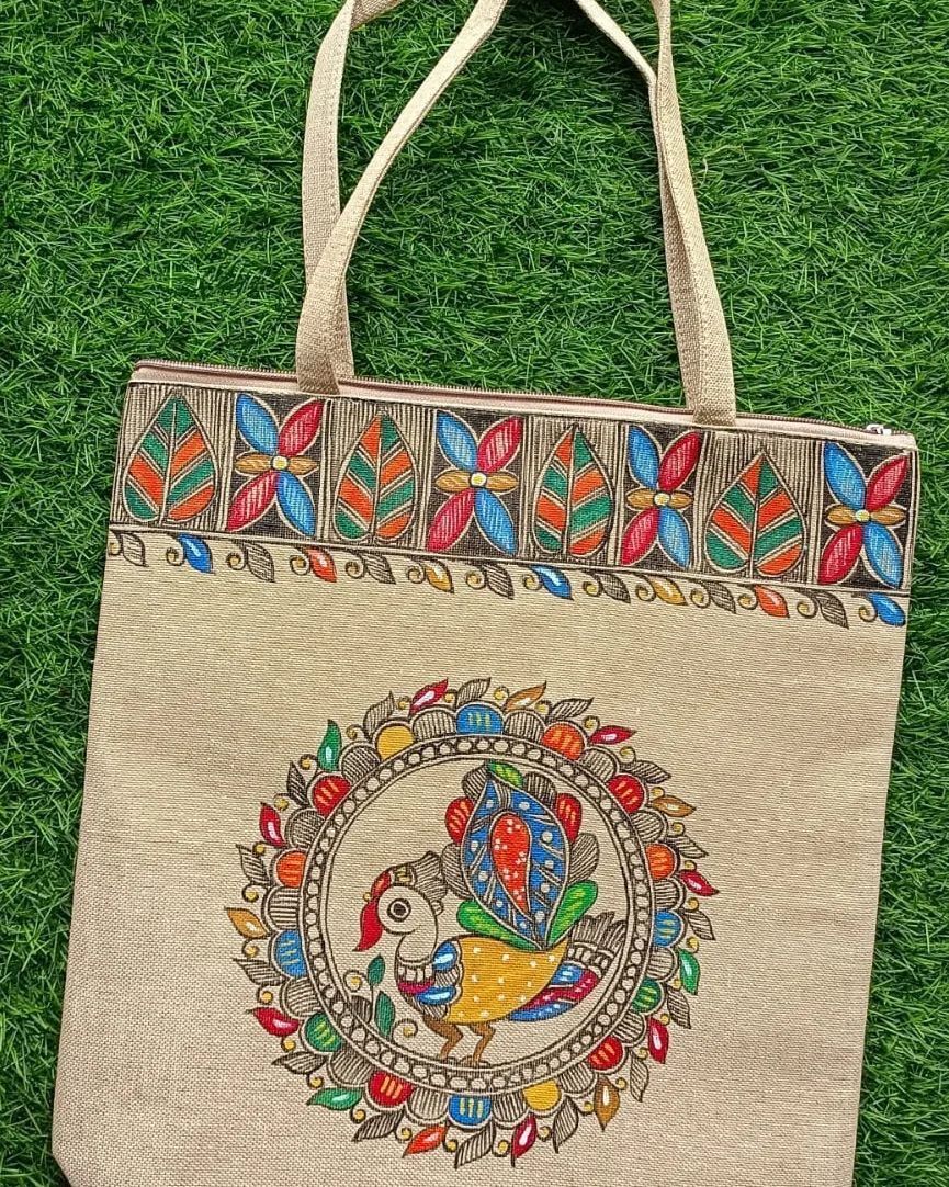 Madhubani Hand Painted jute Shopping Bags Beautifully Designed with Cotton Webbing and Zipper Lock