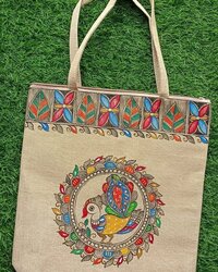 Madhubani Hand Painted jute Shopping Bags Beautifully Designed with Cotton Webbing and Zipper Lock