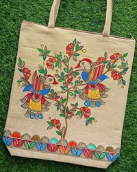 Madhubani Hand Painted jute Shopping Bags Beautifully Designed with Cotton Webbing and Zipper Lock