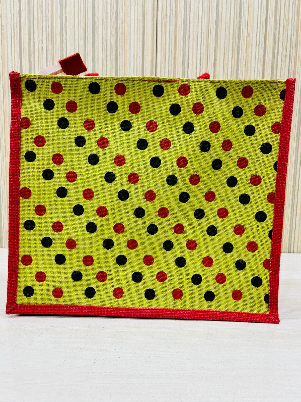 Jute Grocery Jute Bag Dotted Print With Zipper Lock And Cotton Web Handles