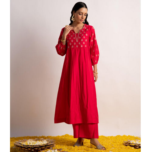 Ladies Pink Aari Work Embroidered Silk A-Line Kurta Set - Color: Different Available