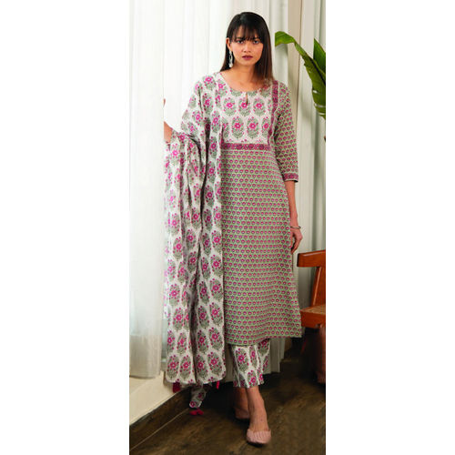 Ladies Grey Printed Straight Kurta With Afghani Pant And Printed Dupatta - Color: Different Available