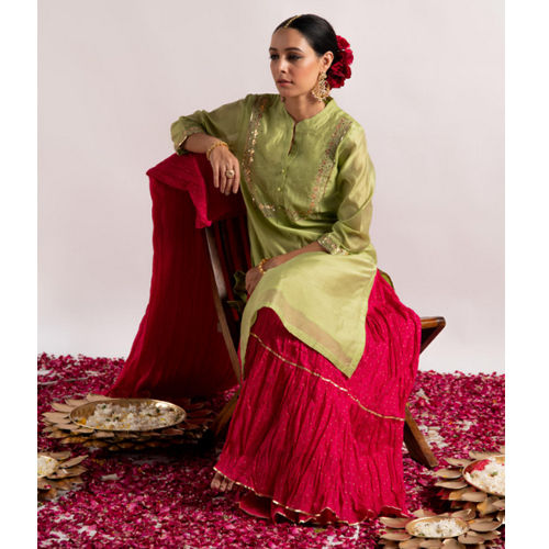 Ladies Pista Green Chanderi Kurta With Cotton Red Sharara And Dupatta - Color: Different Available