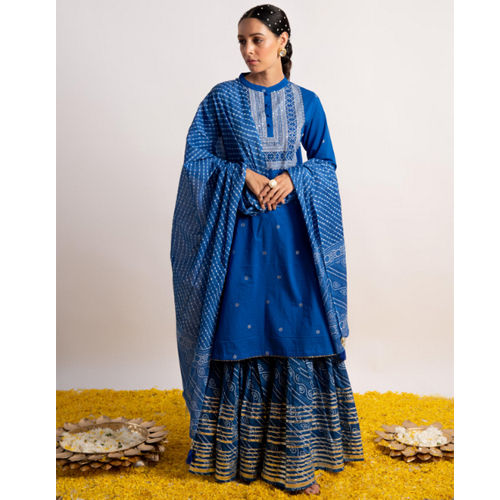 Ladies Royal Blue Rogan Print Straight Kurta With Cotton Red Sharara And Dupatta - Color: Different Available