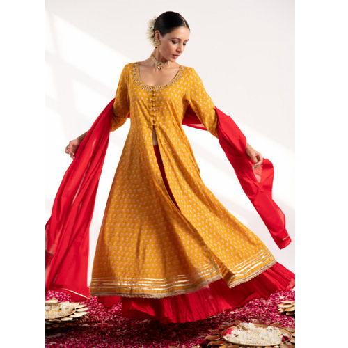 Ladies Mustard Printed Kurta With Red Skirt And Dupatta - Color: Different Available