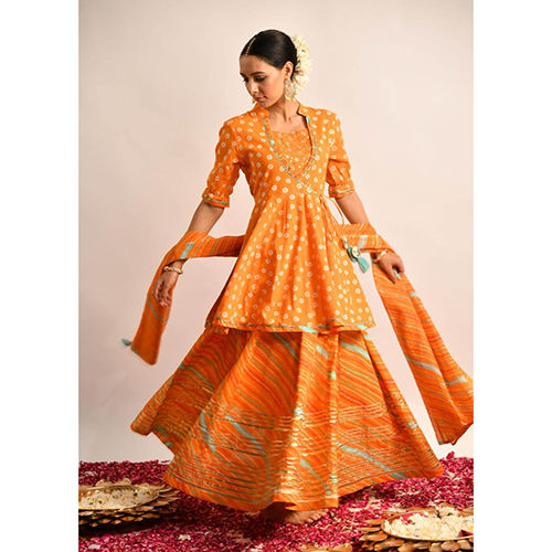 Ladies Orange Bandhni Print Kurta With Leheriya Skirt And Dupatta - Color: Different Available