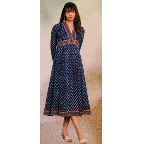 Ladies Blue Dabu Print Flared Midi Dress - Color: Different Available