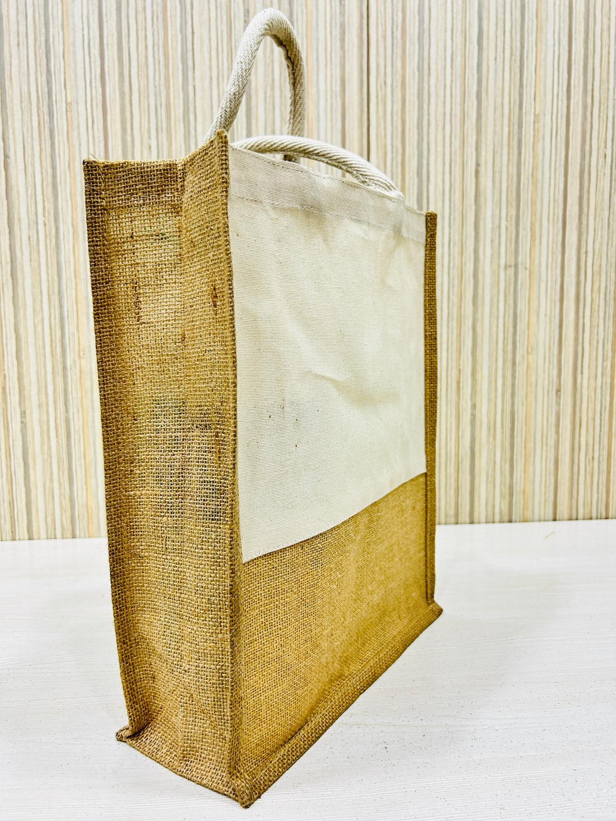 Jute Tote Shopping Bags with Canvas Front and Cotton Handle