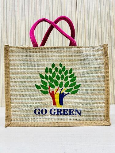 Jute Shopping Bag With Go Green Printed With Cotton Webing Rope Handles