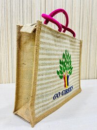 Jute Shopping Bag With Go Green Printed With Cotton Webing Rope Handles