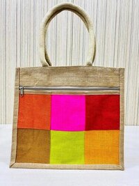 Size 10x12x5 Multi-color Jute Zip Handbag - Eco-friendly Durable Material, Vibrant Stripes Pattern, Customizable Design Options, Flexiloop Handle
