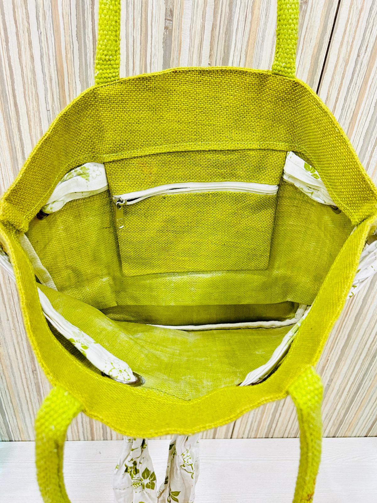 Trendy Green Jute Bag with Inner Pocket for Outdoor Use Fashionable Shopping Bag