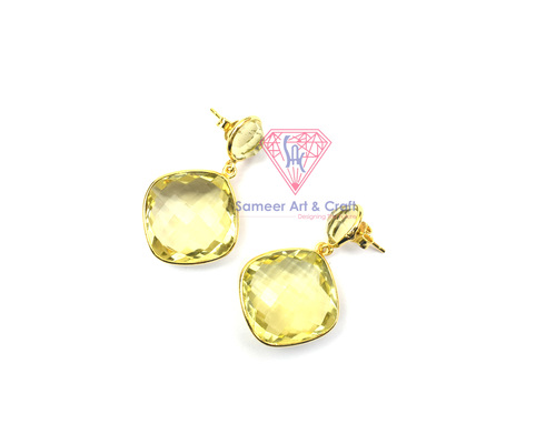 925 Sterling Silver Lemon Quartz Gemstone 18K Gold Plated Handmade Stud Earring