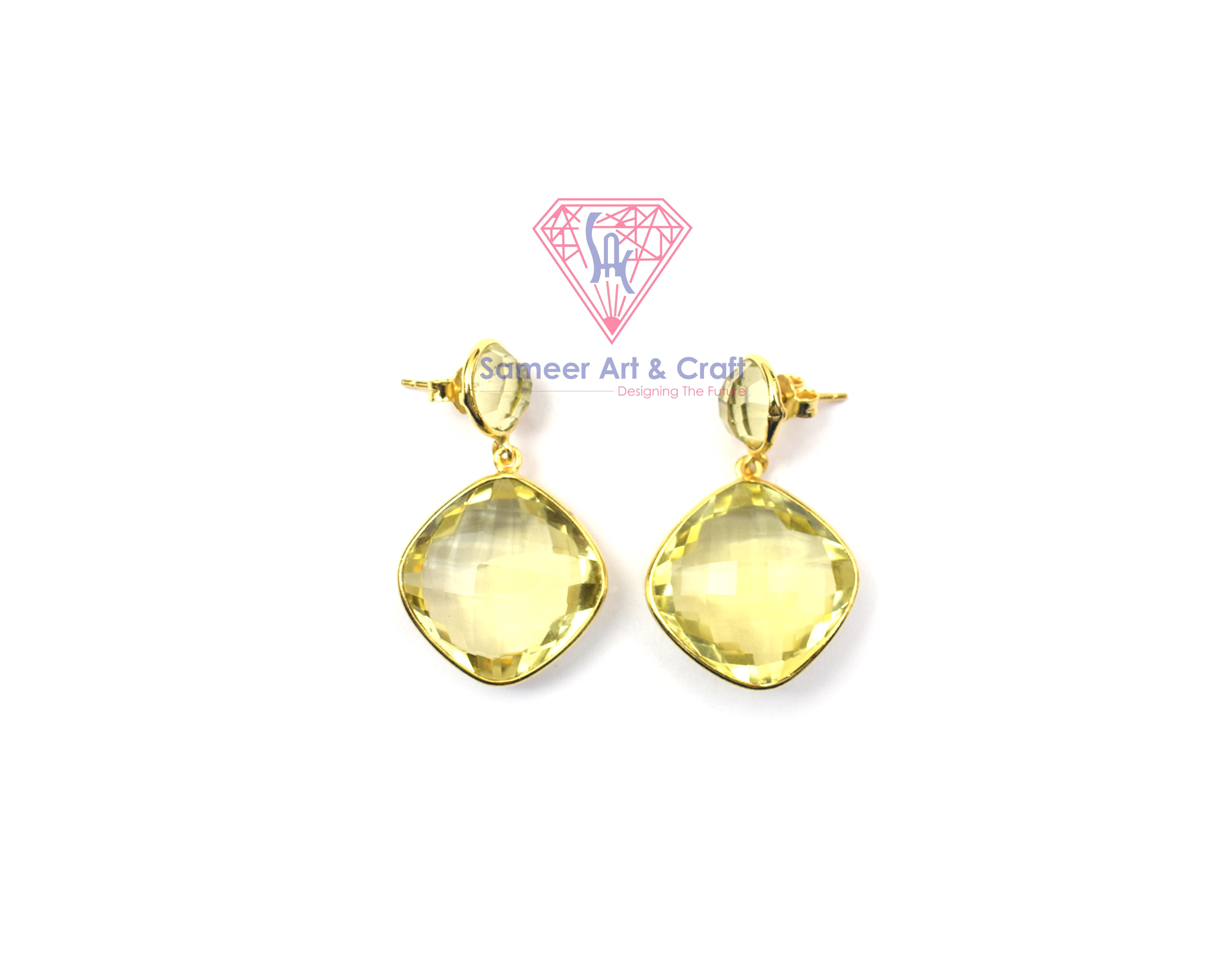 925 Sterling Silver Lemon Quartz Gemstone 18K Gold Plated Handmade Stud Earring