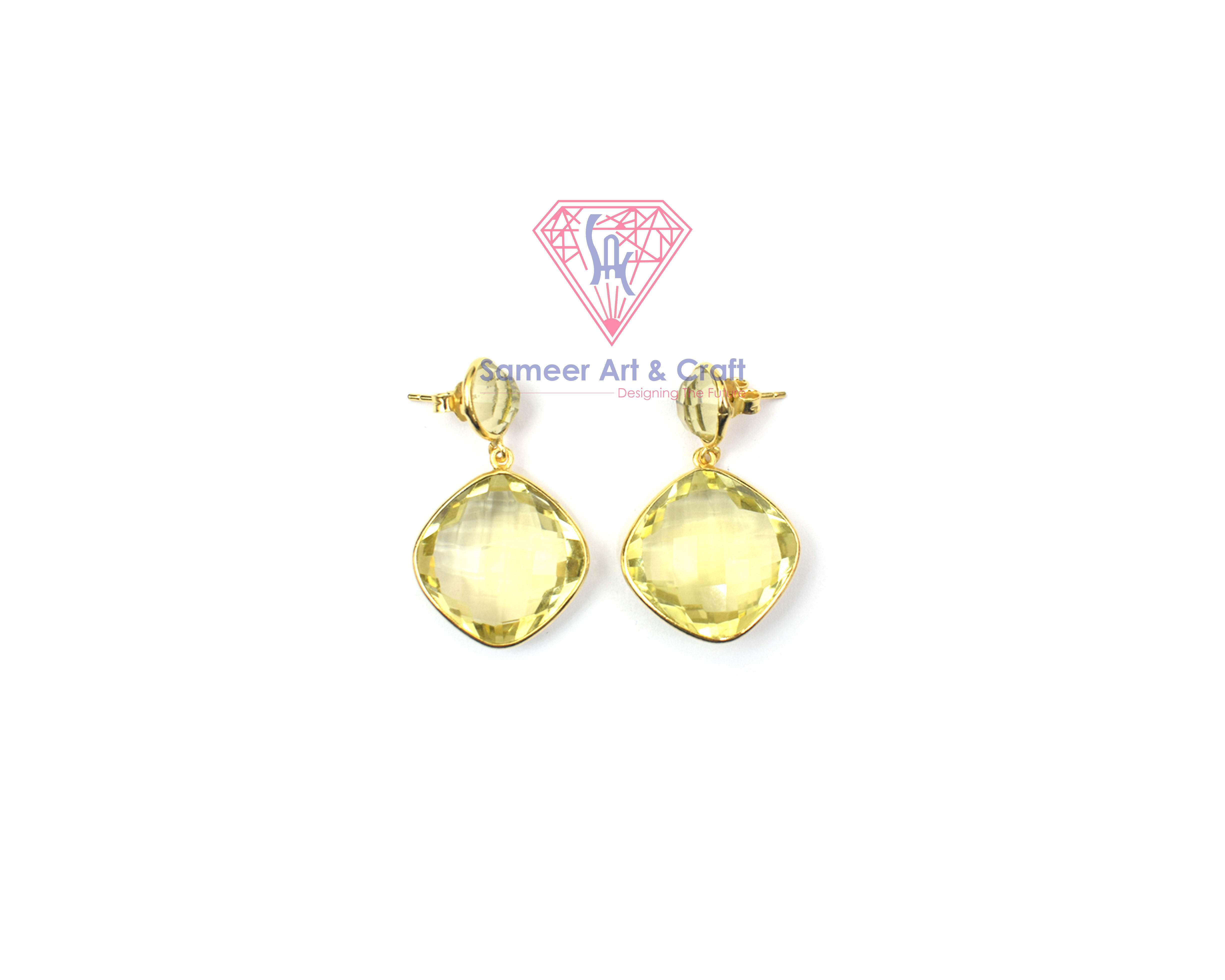 925 Sterling Silver Lemon Quartz Gemstone 18K Gold Plated Handmade Stud Earring