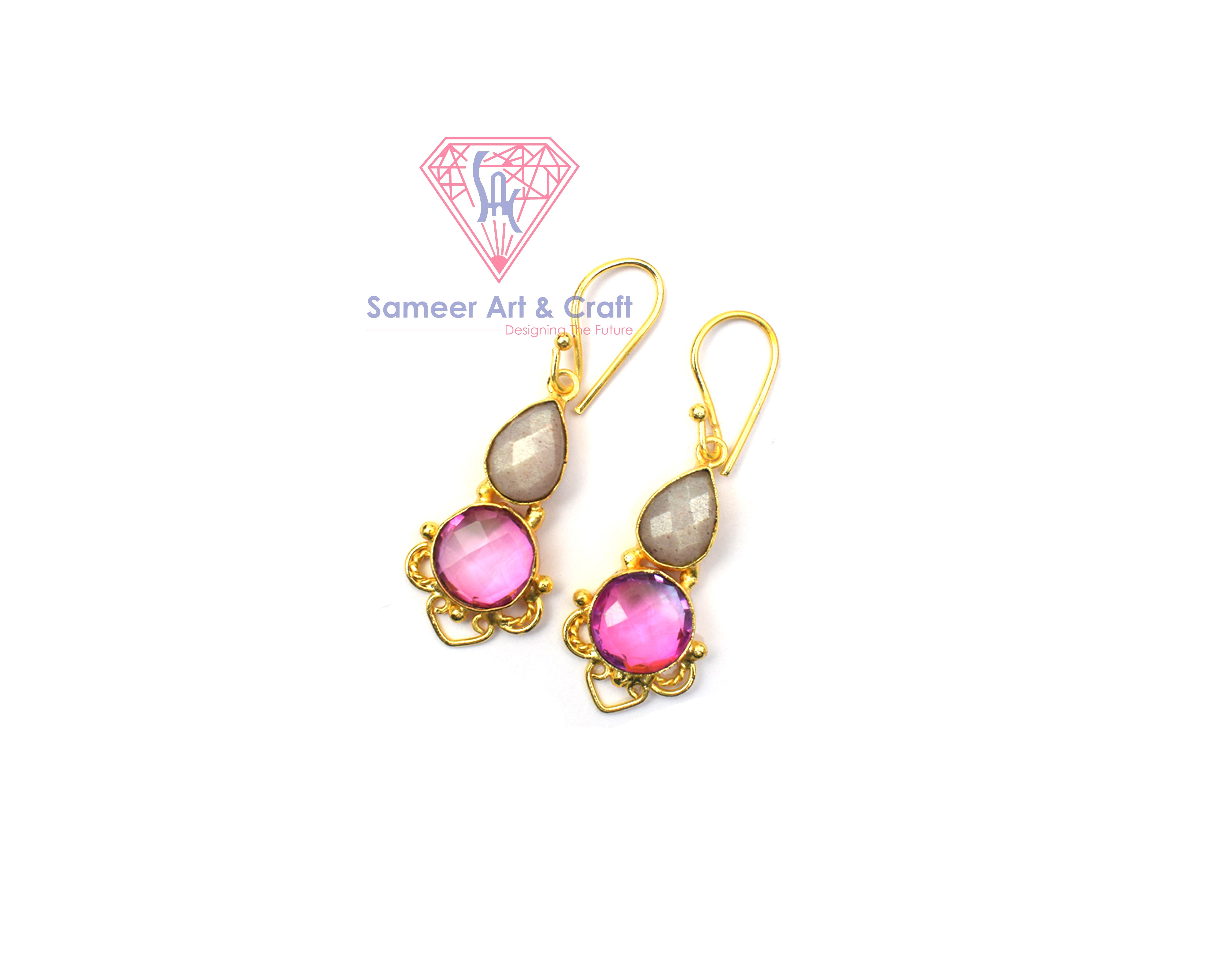 Semi Precious Gemstone With 18K Gold Plated Handmade Hoop Earring