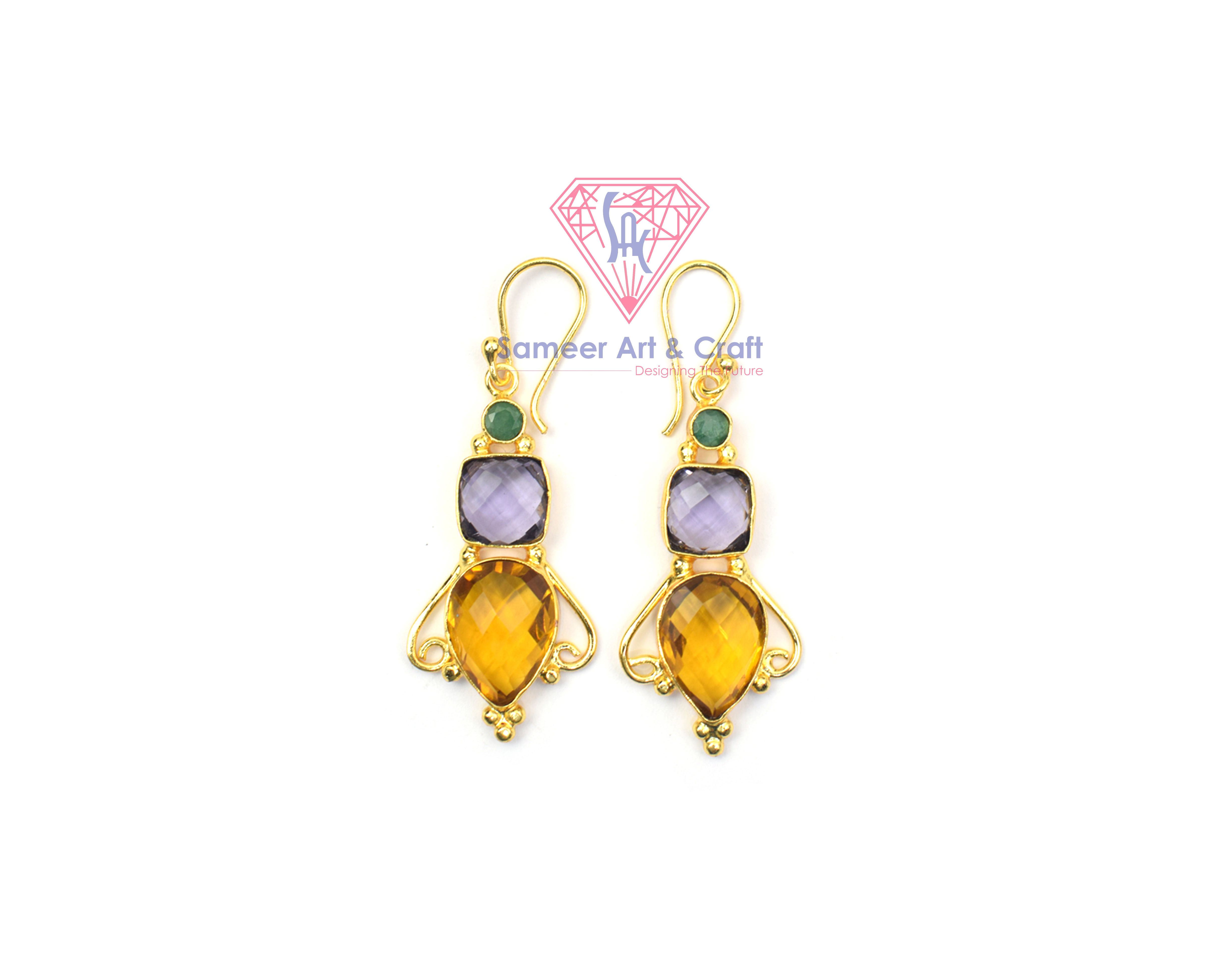 Semi Precious Gemstone With 18K Gold Plated Handmade Hoop Earring