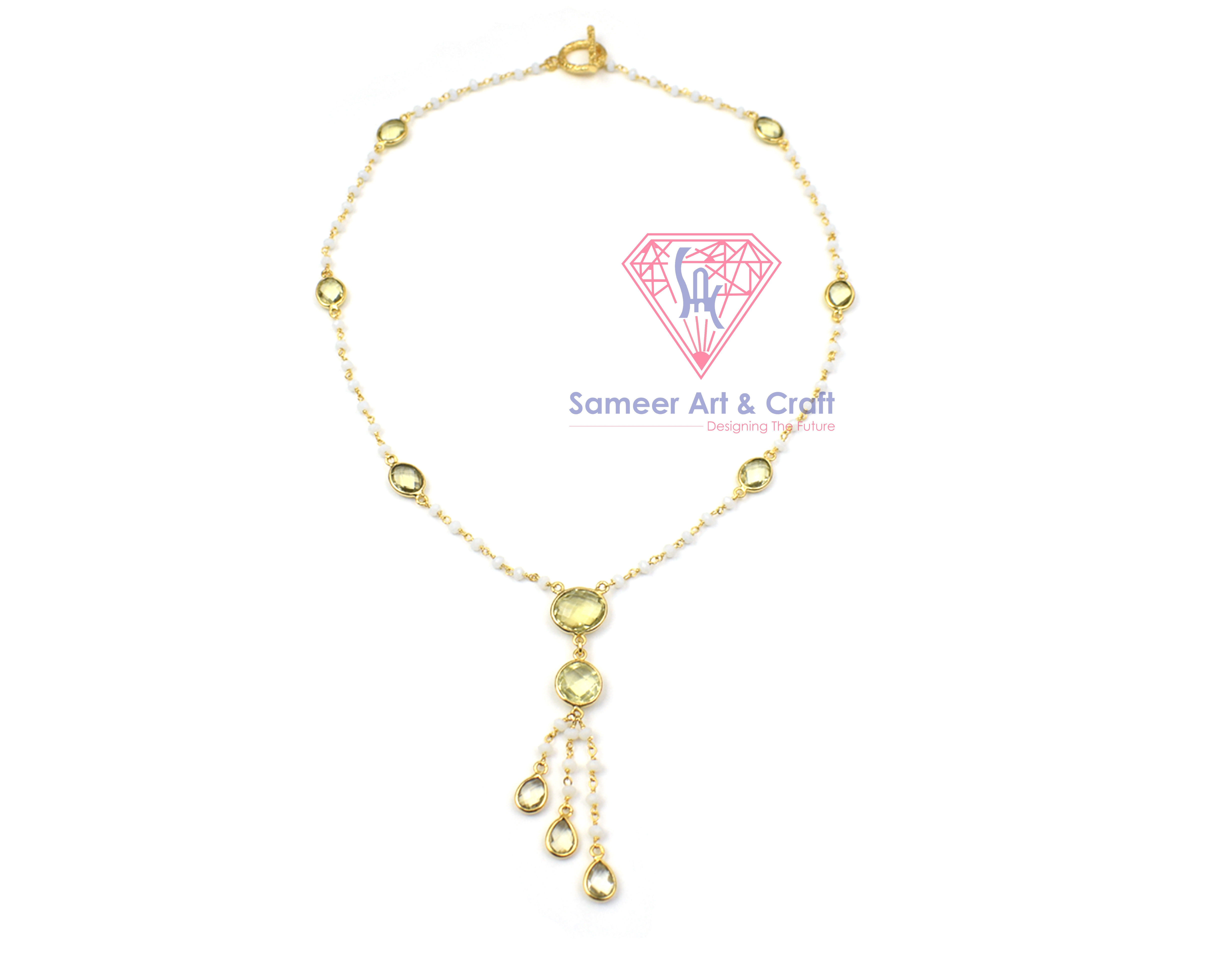 925 Sterling Silver Lemon Quartz With White Agate Gemstone Gold Plated Handmade Rosary Chain Necklace